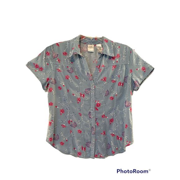 EMMA James blue rayon button-down butterfly blouse size 8 - Picture 1 of 5